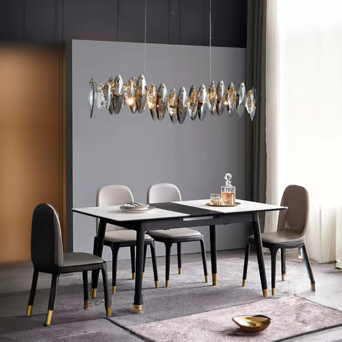 Lustre Elara en cristal doré avec cadre en verre et métal