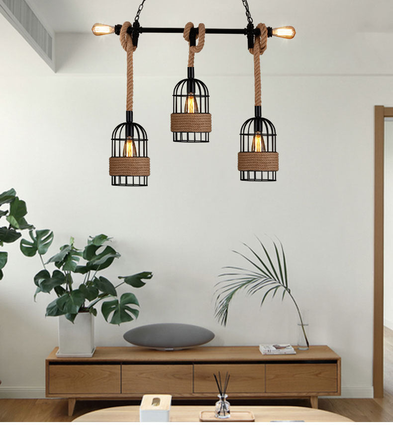 Suspension LED rétro en métal noir avec détail en corde
