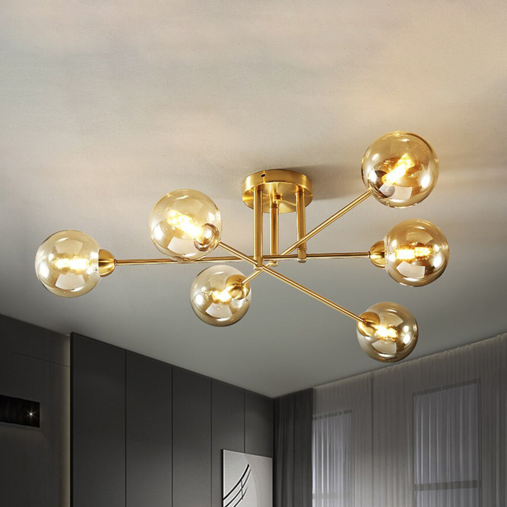 Lustre industriel Sputnik à six globes en verre compatible LED