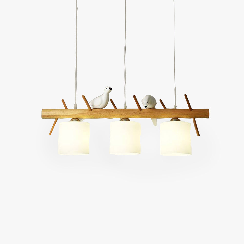 Suspension oiseau en bois avec deux têtes et lumière douce