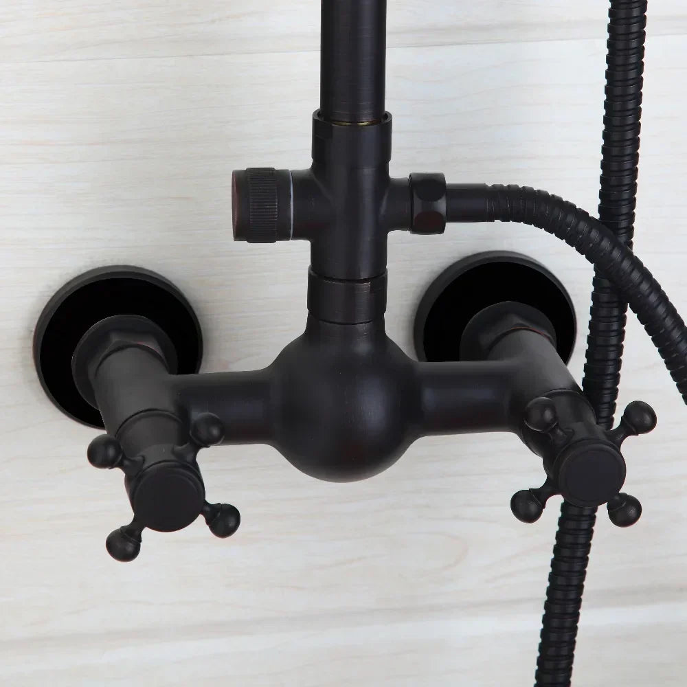 Bathroom Black Shower Set Wall Mounted 8" Rainfall Shower Faucet 3-functions 2 Cross Handles Solid Brass Shower Fixtures-Index Bath