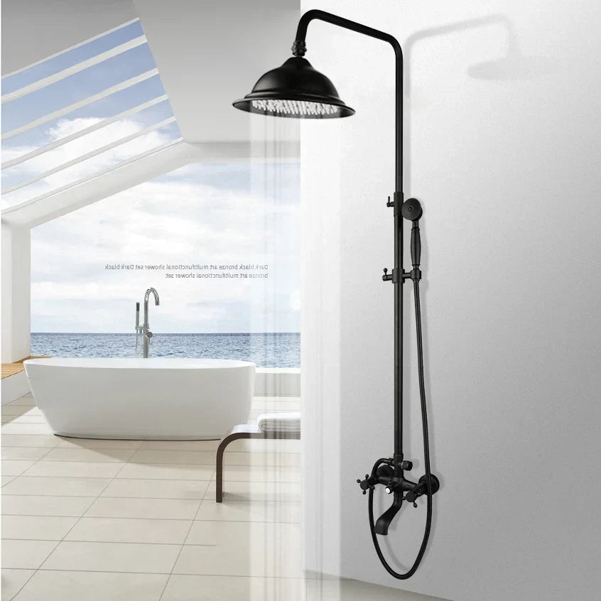 Bathroom Black Shower Set Wall Mounted 8" Rainfall Shower Faucet 3-functions 2 Cross Handles Solid Brass Shower Fixtures-Index Bath