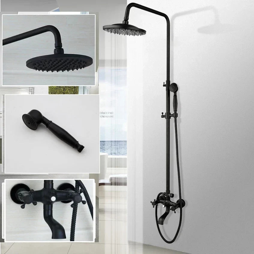 Bathroom Black Shower Set Wall Mounted 8" Rainfall Shower Faucet 3-functions 2 Cross Handles Solid Brass Shower Fixtures-Index Bath