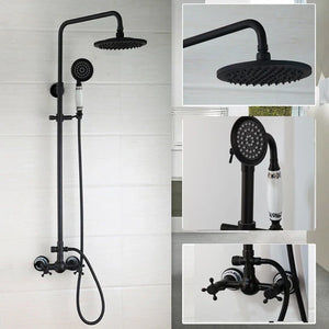 Bathroom Black Shower Set Wall Mounted 8" Rainfall Shower Faucet 3-functions 2 Cross Handles Solid Brass Shower Fixtures-Index Bath