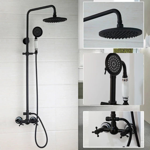 Bathroom Black Shower Set Wall Mounted 8" Rainfall Shower Faucet 3-functions 2 Cross Handles Solid Brass Shower Fixtures-Index Bath