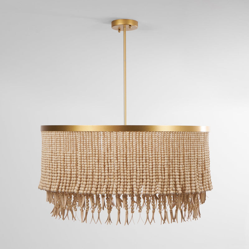 Lustre superposé en bois et perles de coco avec cadre en laiton antique