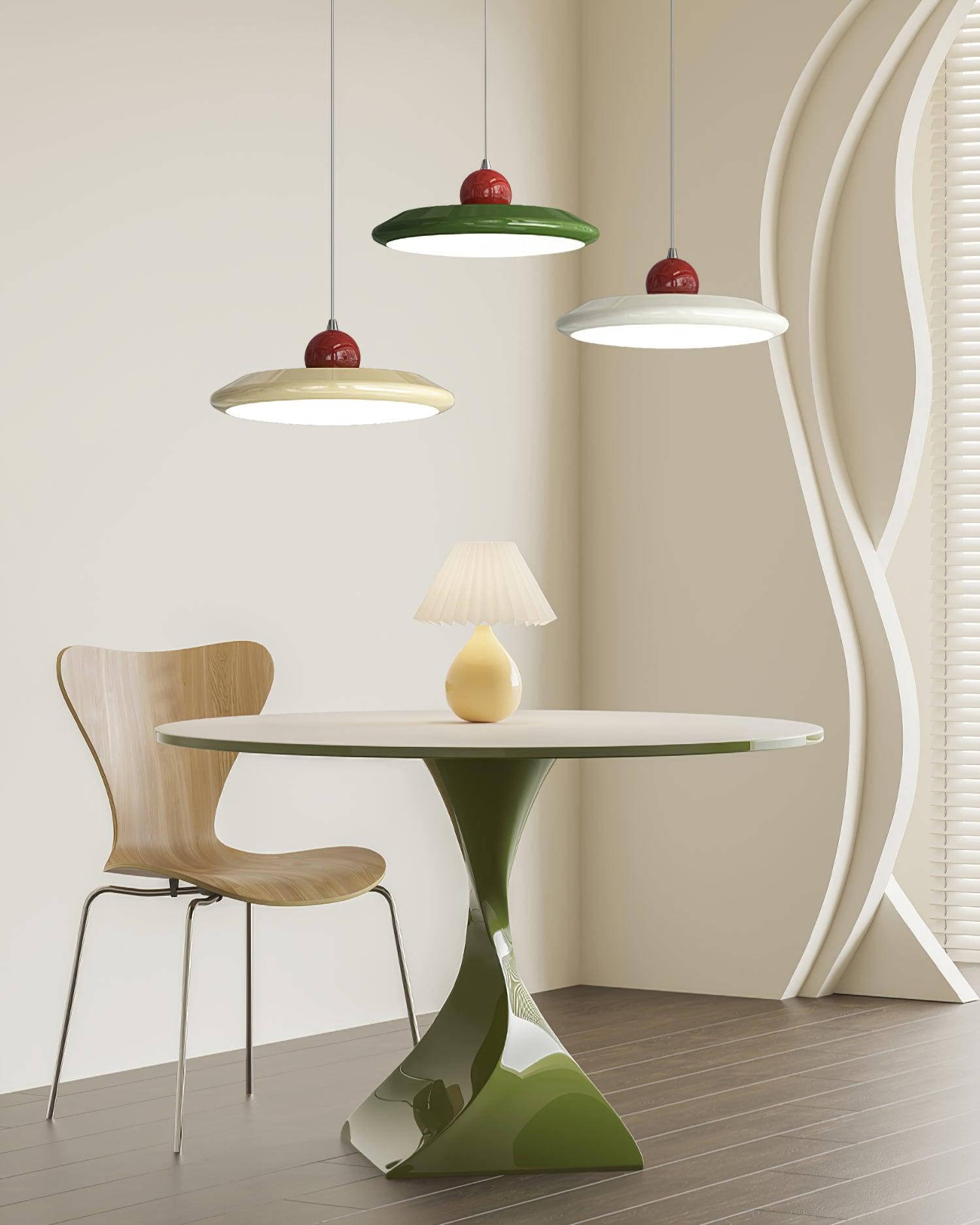 Lampe suspendue abat-jour disque blanc avec bordure verte LED intégrée