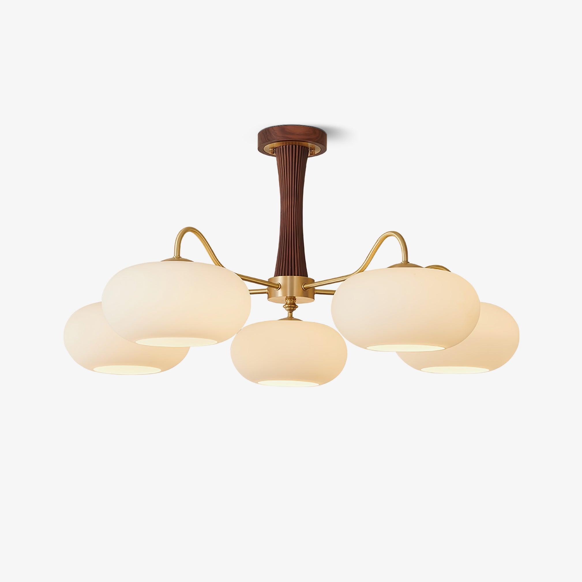Lustre globe en verre kaki avec centre en noyer