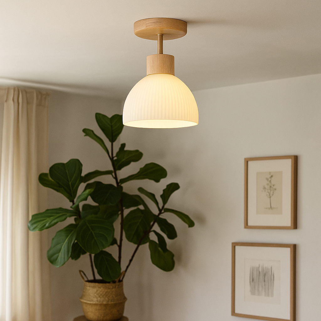 Plafonnier Contemporain En Bois Et Verre Pour Lumière Douce