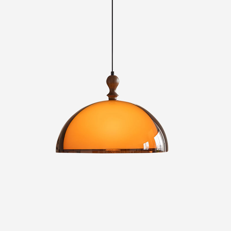 Lampe suspension dôme en verre ambré et bois de noyer avec lumière chaleureuse