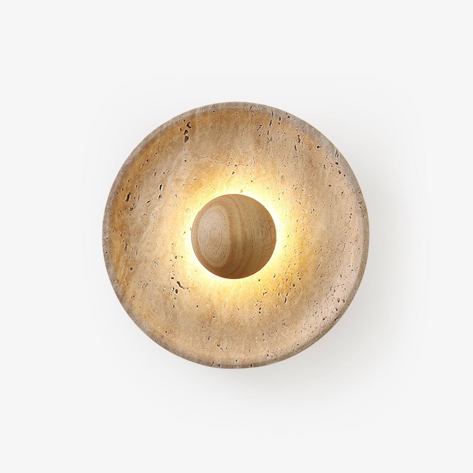 Sculptural Travertine Disc Wall Light With Wooden Sphere