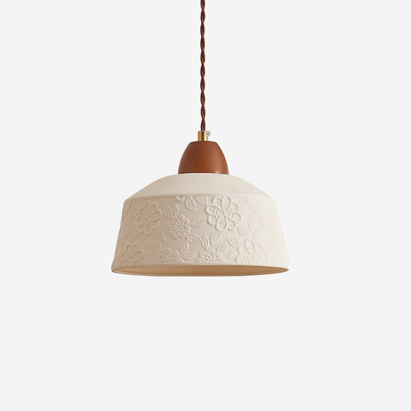 Lampe suspension tambour en bois de noyer avec abat-jour en céramique et lumière douce