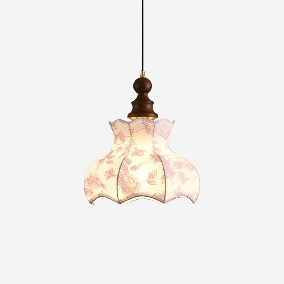 Lampe suspendue élégante en bois et métal avec abat-jour floral
