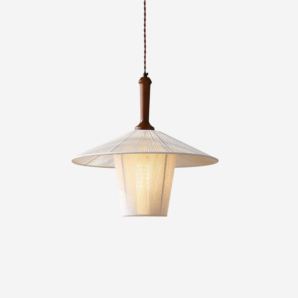 Lampe suspension en corde de chanvre avec finition bois de noyer et lumière chaude