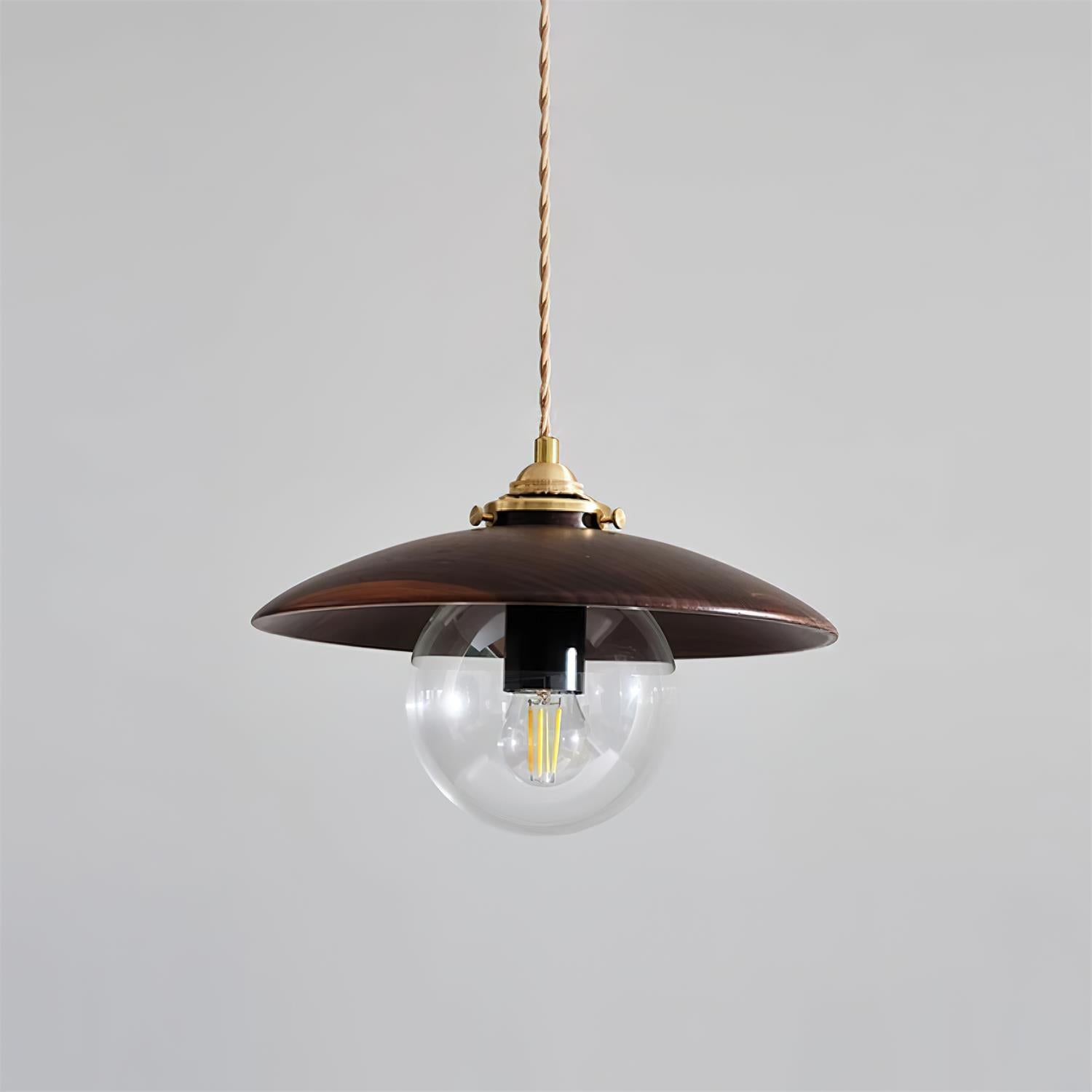 Suspension industrielle avec globe en verre et abat-jour disque en métal