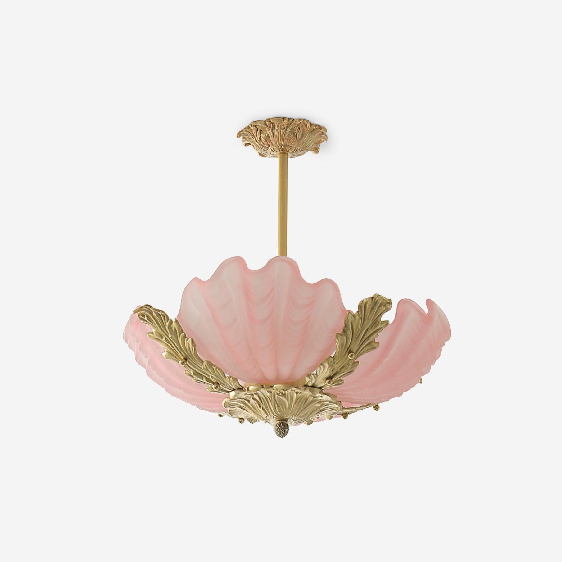 Lampe suspension en verre Murano rose avec baroque en laiton