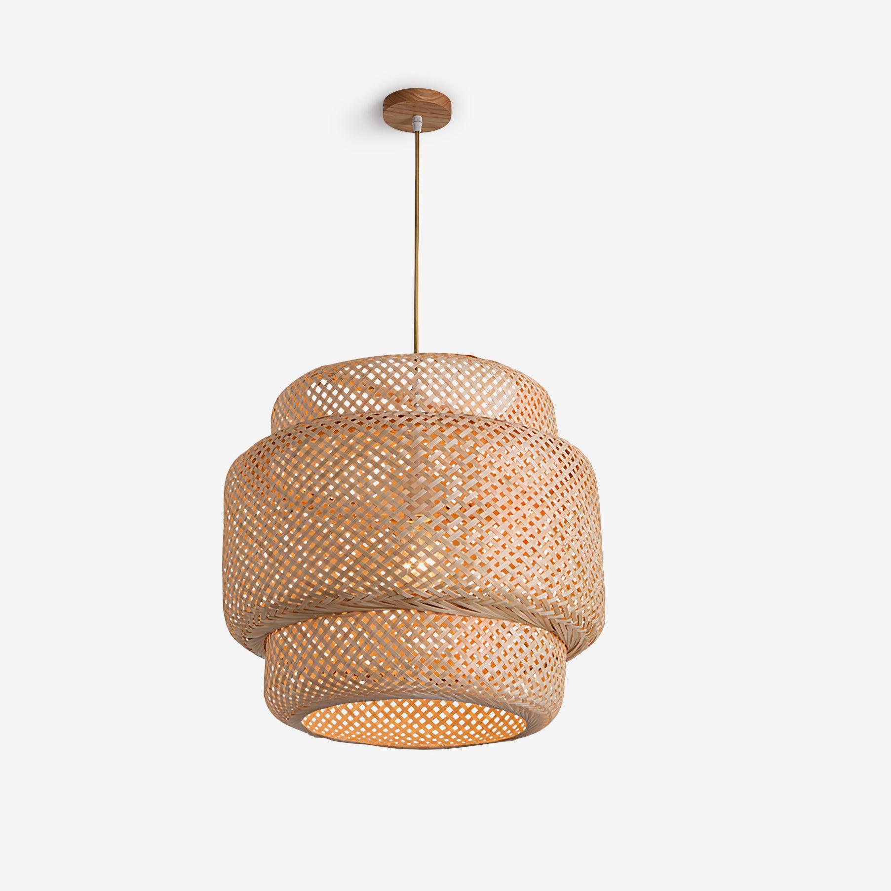Suspension avec abat-jour double couche en bambou tissé  
