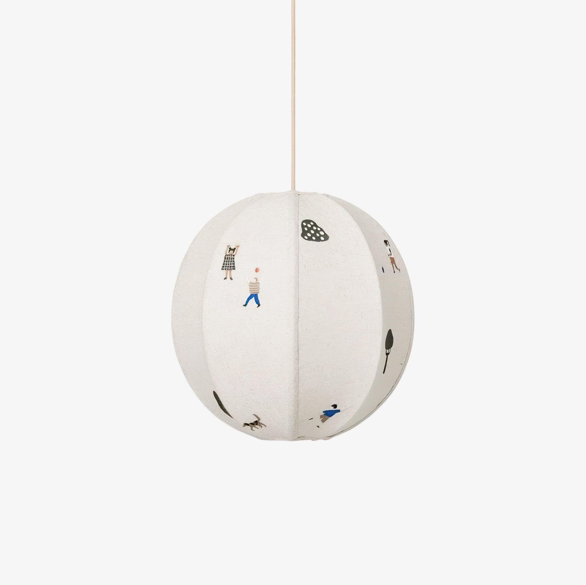 Lustre suspendu boule en papier avec scène de parc brodée en coton
