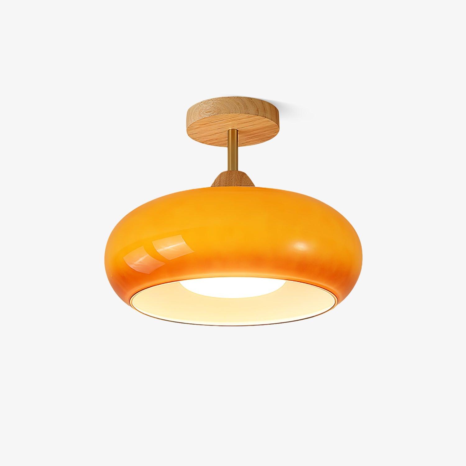 Plafonnier affleurant Bauhaus en disque de verre, bois, orange et blanc