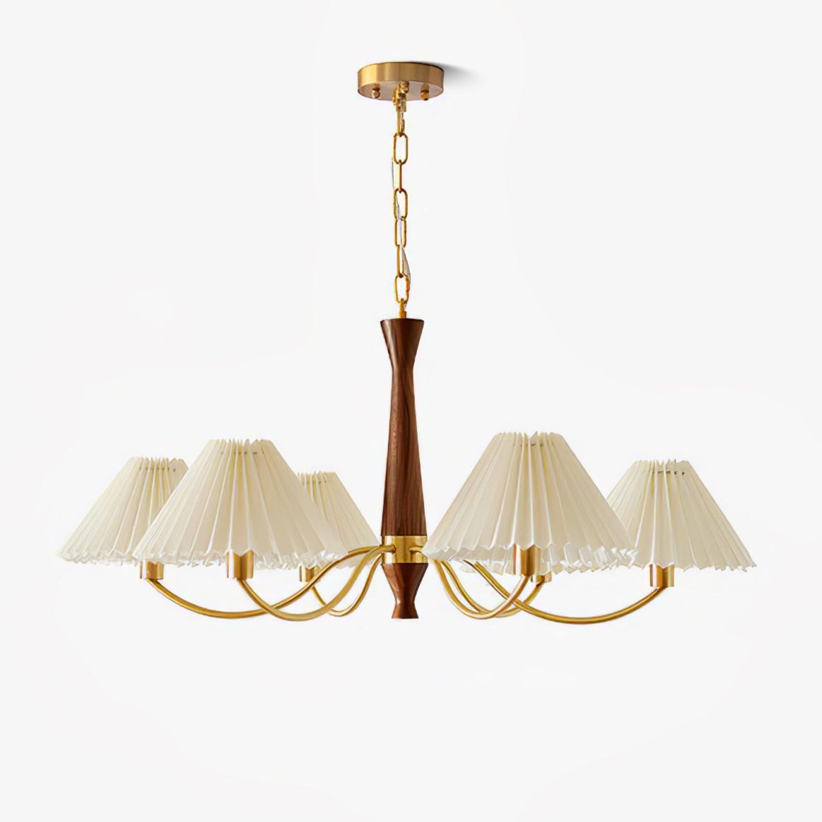 Lustre plissé en tissu avec centre en bois et bras en laiton