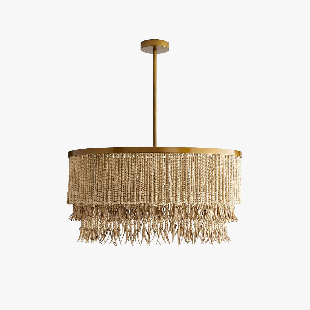 Lustre superposé en bois et perles de coco avec cadre en laiton antique