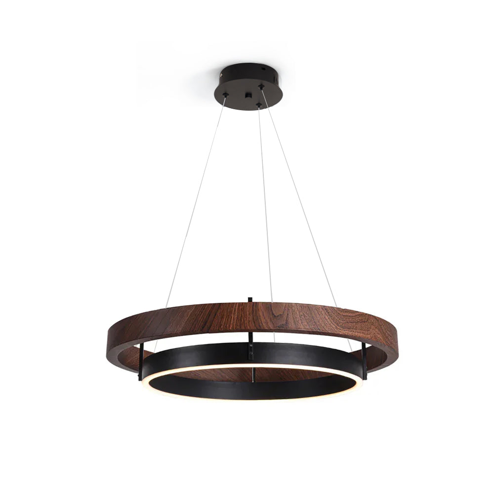 Lustre flottant à double anneau en bois avec une lueur ambiante chaleureuse