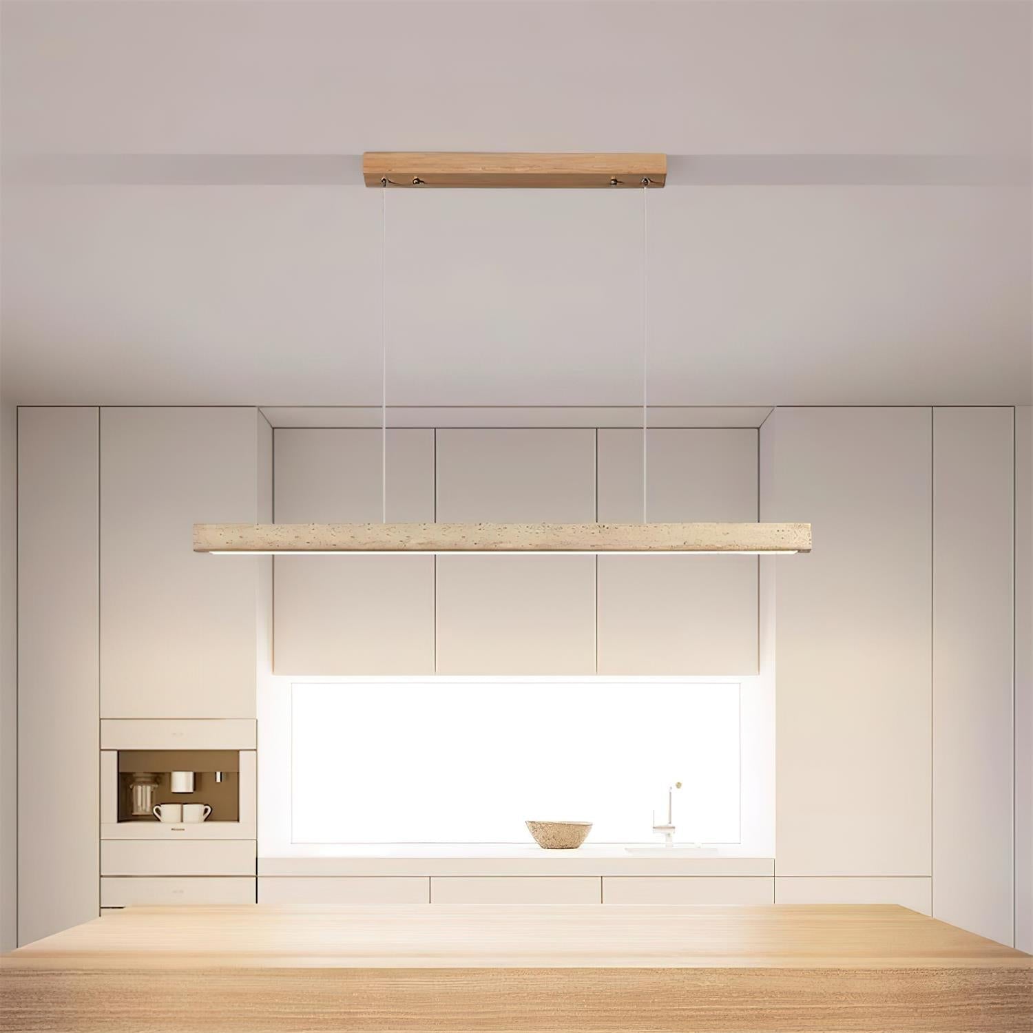 Lampe suspension élégante en travertin et bois avec LED intégrée