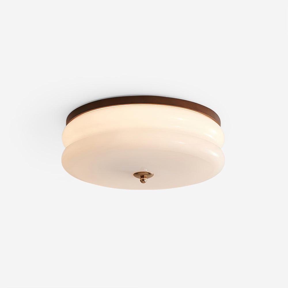 Plafonnier disque en verre et bois de noyer avec LED intégrée double couche