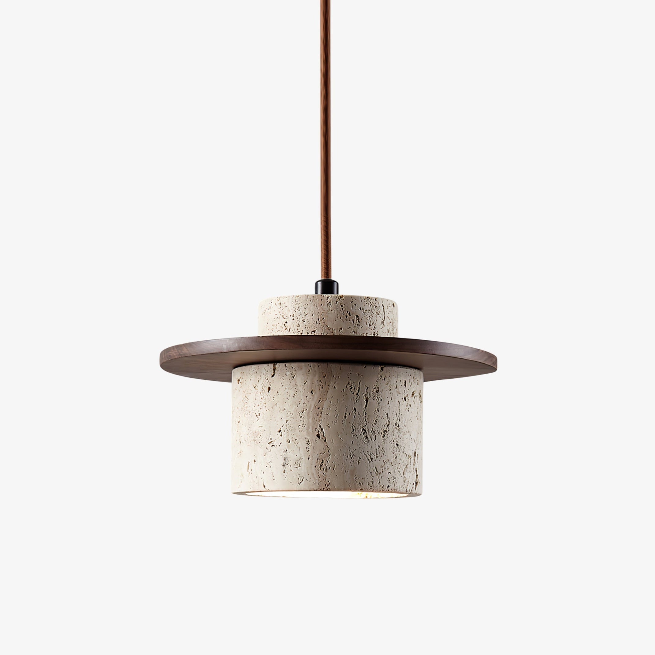 Lustre suspendu disque cylindre en travertin avec une lueur d'ambiance