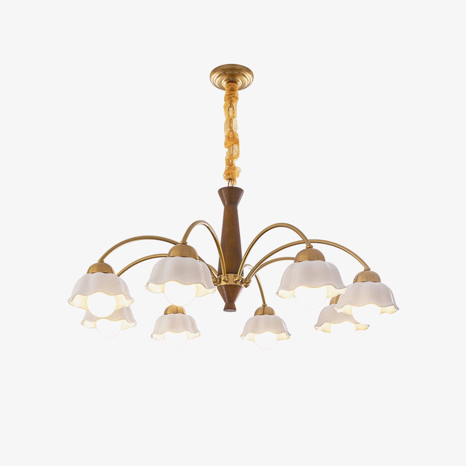 Suspension vintage LED fleurie en céramique et bois élégante  