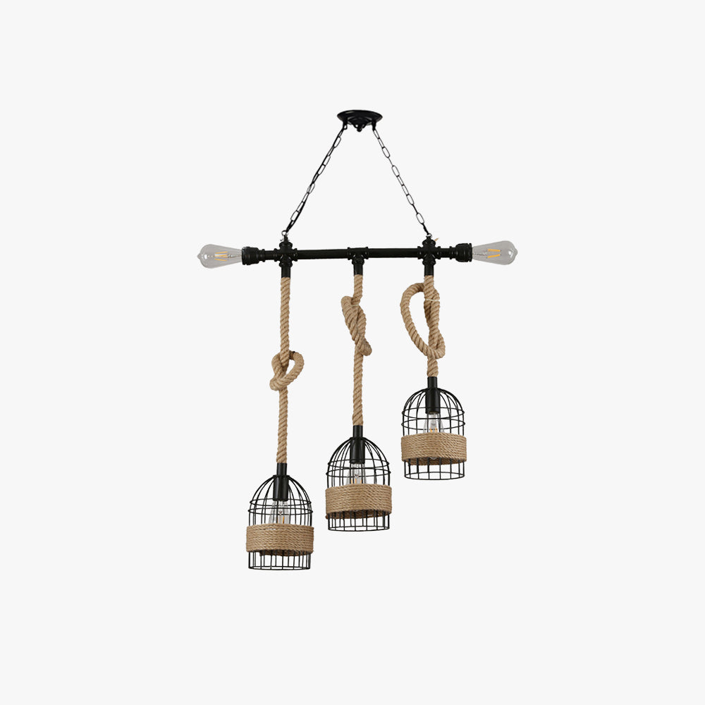 Suspension LED rétro en métal noir avec détail en corde
