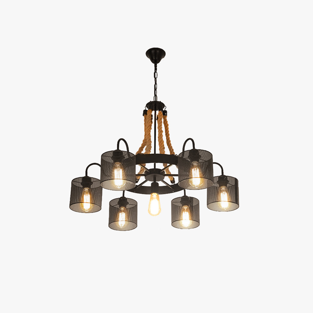 Suspension rustique en corde avec éclairage vintage
