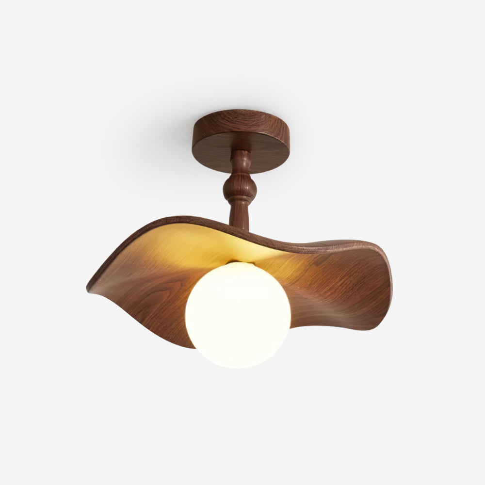 Plafonnier semi-encastré en bois de noyer avec abat-jour en verre beige, dimmable  