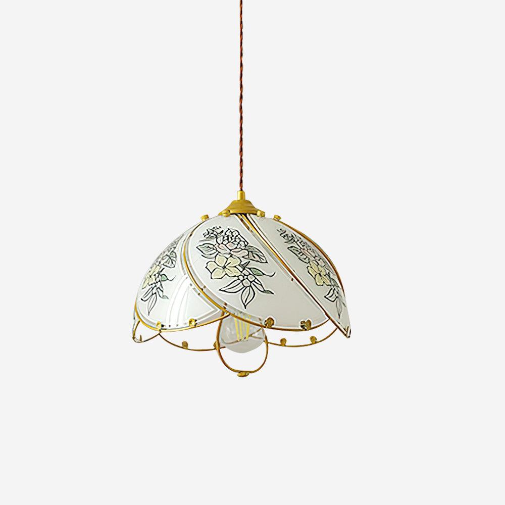Suspension avec abat-jour en verre en forme de pétale et cadre métallique vintage  