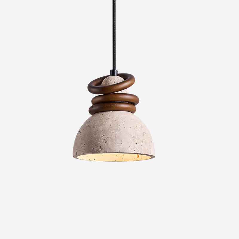 Lampe suspension dôme en travertin avec anneaux en bois de noyer pour ambiance