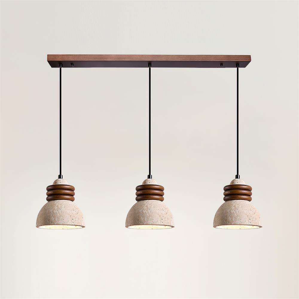 Lampe suspension dôme en travertin avec anneaux en bois de noyer pour ambiance
