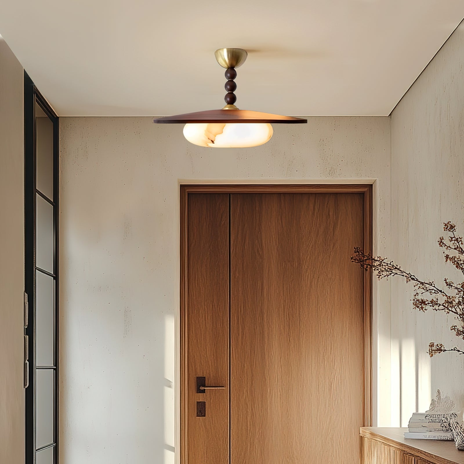 Yeste Plafonnier couleur noyer et imitation albâtre blanche - Neutralighting