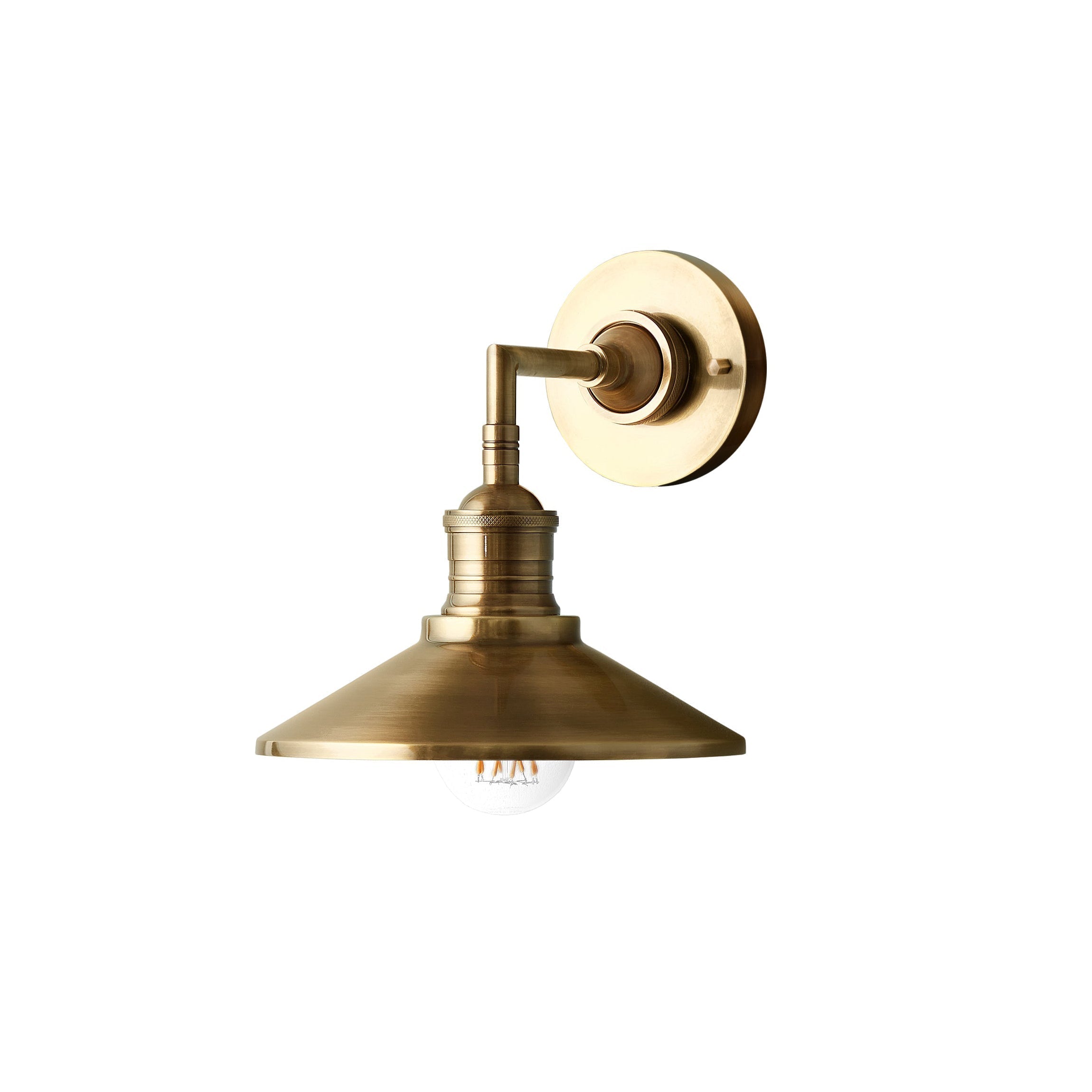 Antique Brass Wall Lamp With Exposed Bulb And Conical Shade