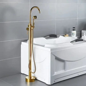 Antique Brass Floor Standing Bathtub Filler with Hand Shower Faucet