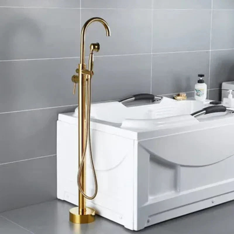 Antique Brass Floor Standing Bathtub Filler with Hand Shower Faucet