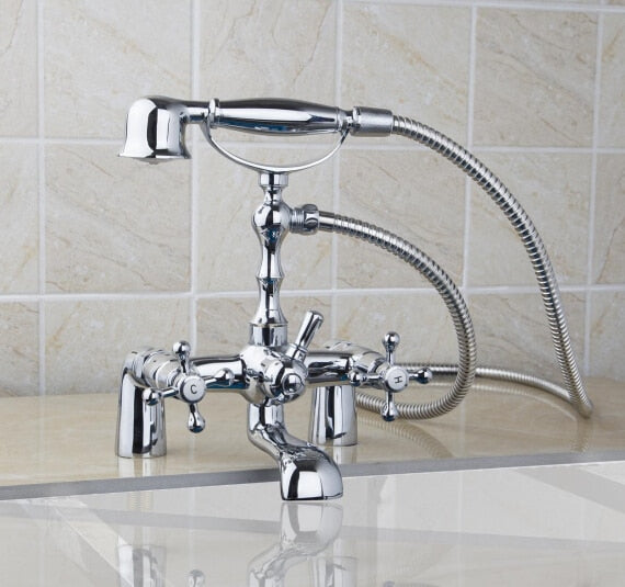 Shower Faucet - Antique Brass Golden Bathtub Shower Faucets Set Dual Knobs Mixer Tap