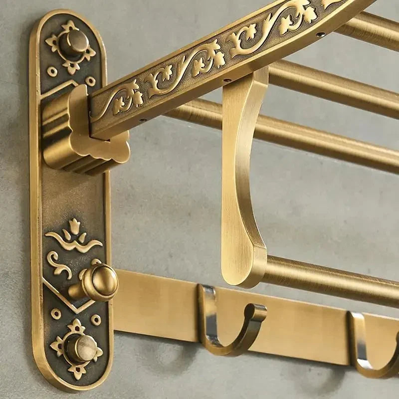 Foldable Antique Brass Bath Towel Rack Double Towel Shelf With Hooks-Towel Bars & Hooks-Index Bath-Index Bath