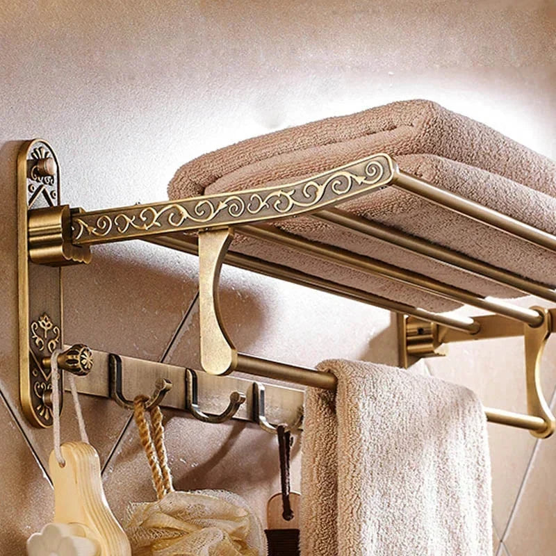 Foldable Antique Brass Bath Towel Rack Double Towel Shelf With Hooks-Towel Bars & Hooks-Index Bath-Index Bath