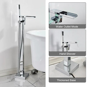 Freestanding Bathtub Faucet Waterfall Tub Filler Matte Black Floor Standing Bathroom Tub Faucet with 2 Function Hand Shower Tap-Index Bath