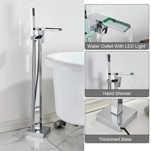 Freestanding Bathtub Faucet Waterfall Tub Filler Matte Black Floor Standing Bathroom Tub Faucet with 2 Function Hand Shower Tap-Index Bath