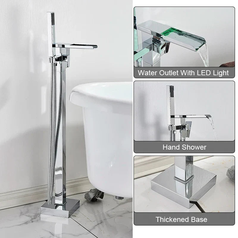 Freestanding Bathtub Faucet Waterfall Tub Filler Matte Black Floor Standing Bathroom Tub Faucet with 2 Function Hand Shower Tap-Index Bath