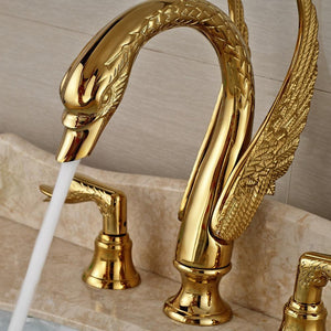 Basin Faucet - Golden Swan Shape Basin Tap Dual Handle Deck Mount Bathroom Faucet Solid Copper Golden Finish
