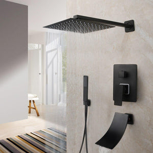 Shower Faucet - Matte Black Rainfall Tub LED Bathtub Rain Square Stainless Steel Shower Head Shower With Mixer Valve