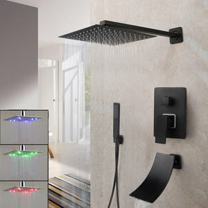 Shower Faucet - Matte Black Rainfall Tub LED Bathtub Rain Square Stainless Steel Shower Head Shower With Mixer Valve