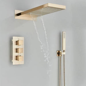 Rain Waterfall Shower Head With 3-way Thermostatic Mixer Tap-Rain Shower Heads-Index Bath-Brushed Gold-Index Bath